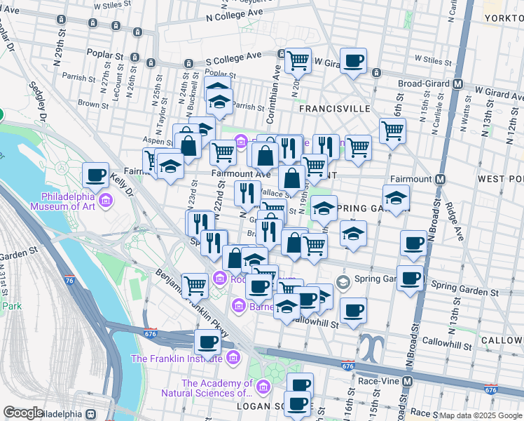 map of restaurants, bars, coffee shops, grocery stores, and more near 2011 Mount Vernon Street in Philadelphia
