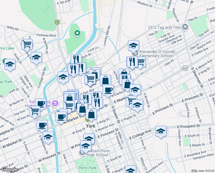 map of restaurants, bars, coffee shops, grocery stores, and more near 139 North Queen Street in York