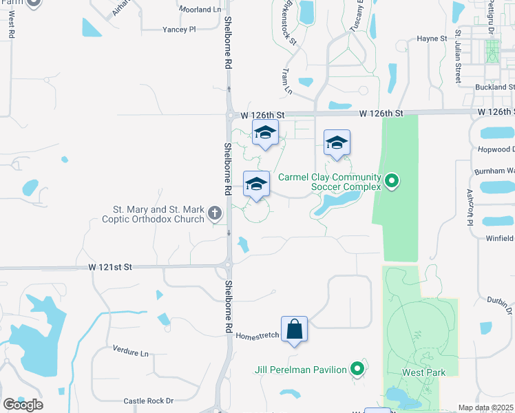 map of restaurants, bars, coffee shops, grocery stores, and more near 12415 Shelborne Road in Carmel