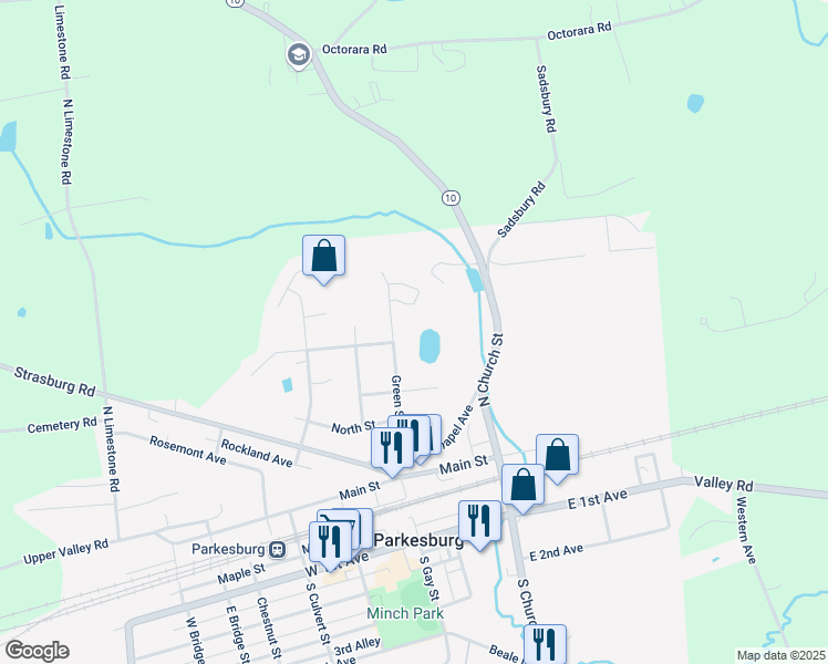map of restaurants, bars, coffee shops, grocery stores, and more near 101 Washington Street in Parkesburg