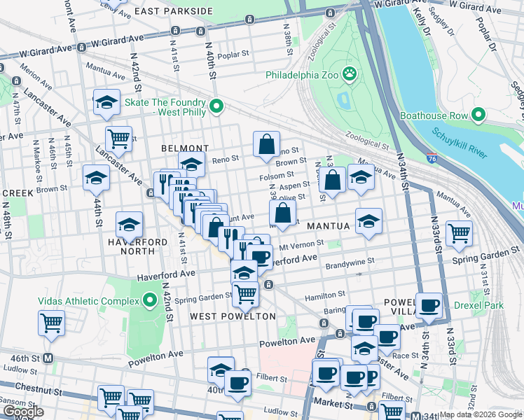 map of restaurants, bars, coffee shops, grocery stores, and more near 3923 Fairmount Avenue in Philadelphia