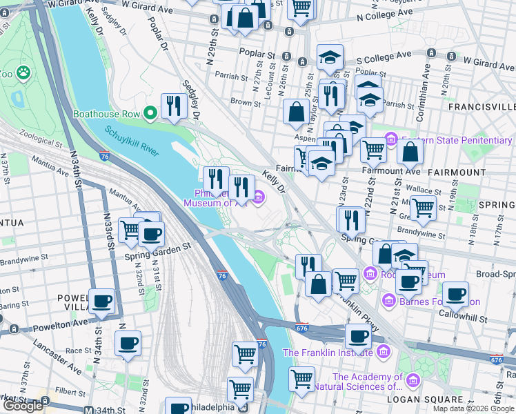 map of restaurants, bars, coffee shops, grocery stores, and more near 2600 Benjamin Franklin Parkway in Philadelphia