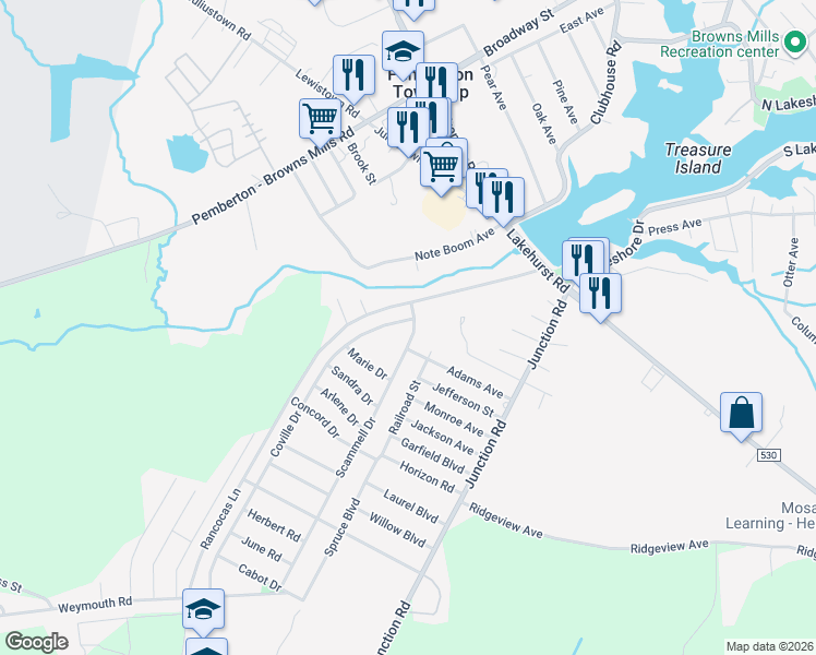 map of restaurants, bars, coffee shops, grocery stores, and more near 2 Scammell Drive in Browns Mills