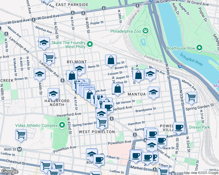 map of restaurants, bars, coffee shops, grocery stores, and more near 700 North 39th Street in Philadelphia