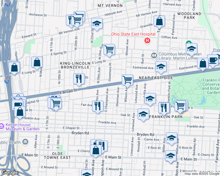 map of restaurants, bars, coffee shops, grocery stores, and more near 1203 East Broad Street in Columbus
