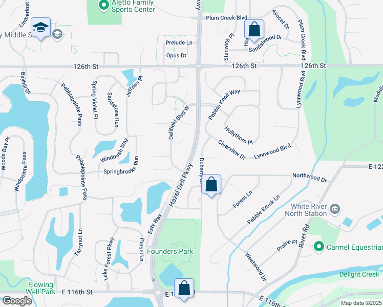 map of restaurants, bars, coffee shops, grocery stores, and more near Hazel Dell Parkway in Carmel