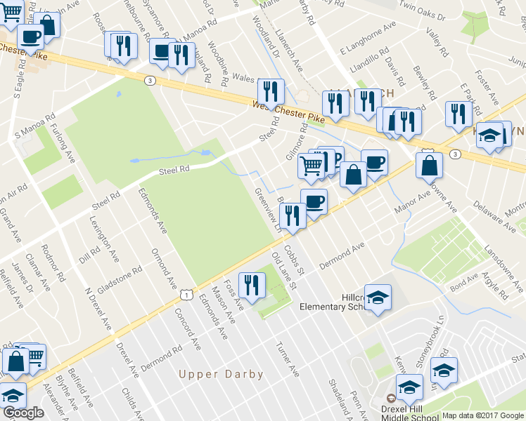map of restaurants, bars, coffee shops, grocery stores, and more near 300 Greenview Lane in Havertown