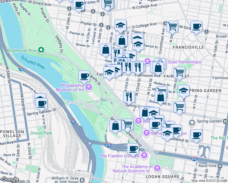map of restaurants, bars, coffee shops, grocery stores, and more near 2401 Pennsylvania Avenue in Philadelphia