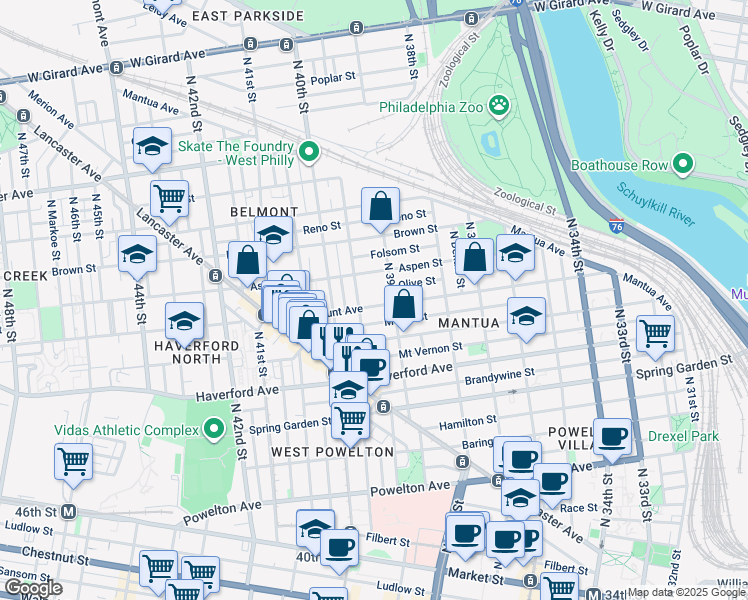 map of restaurants, bars, coffee shops, grocery stores, and more near 3923 Fairmount Avenue in Philadelphia