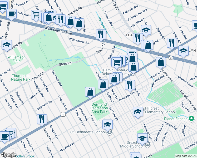 map of restaurants, bars, coffee shops, grocery stores, and more near 300 Greenview Lane in Havertown