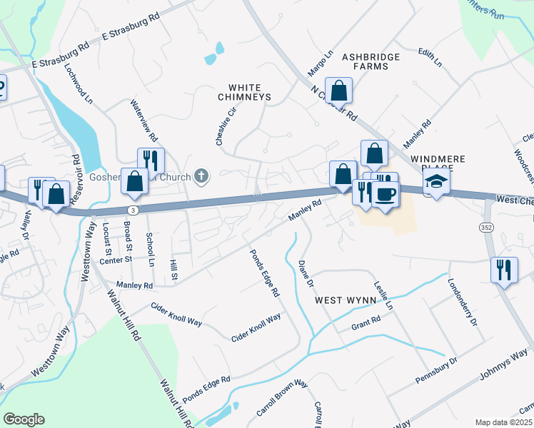map of restaurants, bars, coffee shops, grocery stores, and more near 650 Summit House in West Chester