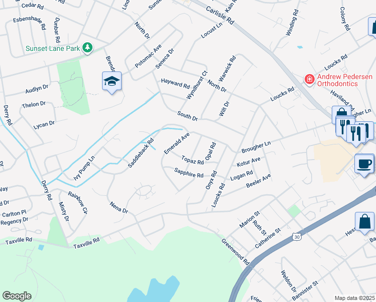 map of restaurants, bars, coffee shops, grocery stores, and more near 2419 Amethyst Road in York