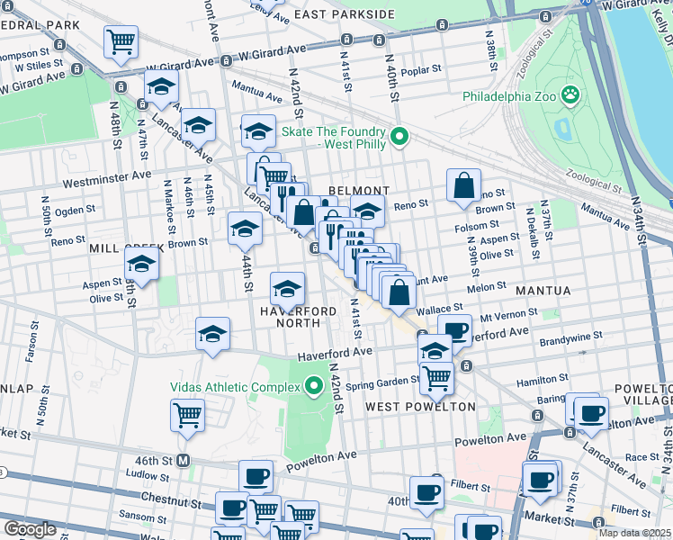 map of restaurants, bars, coffee shops, grocery stores, and more near 4142 Lancaster Avenue in Philadelphia