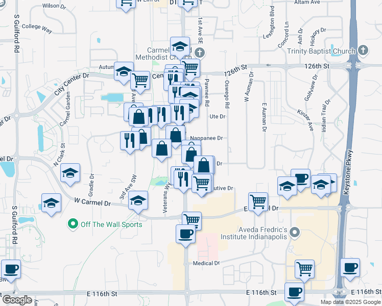 map of restaurants, bars, coffee shops, grocery stores, and more near 998 South Rangeline Road in Carmel