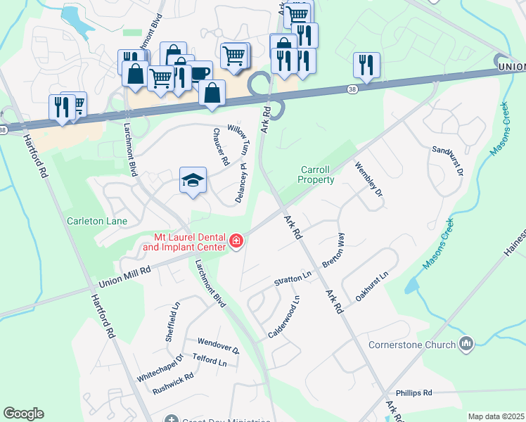 map of restaurants, bars, coffee shops, grocery stores, and more near 209 Union Mill Road in Mount Laurel
