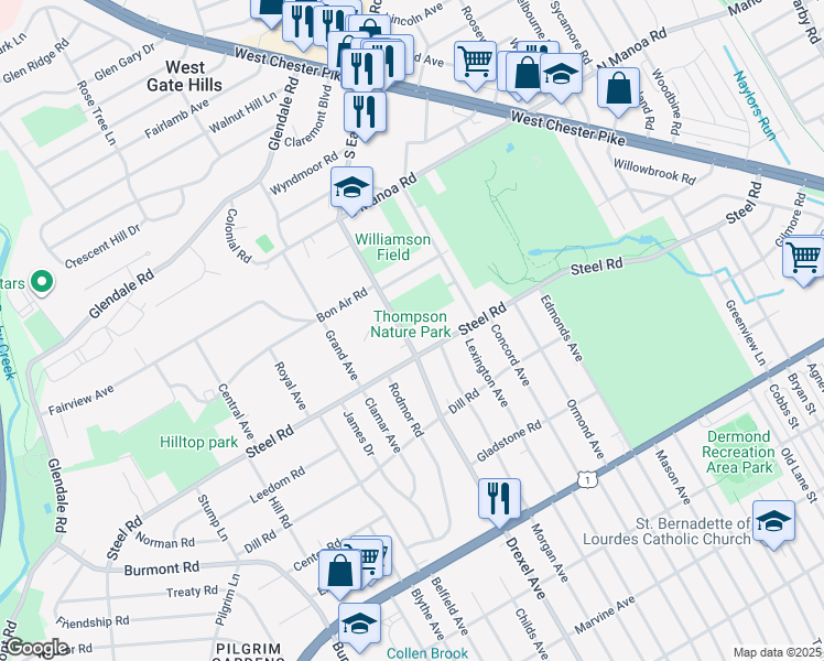 map of restaurants, bars, coffee shops, grocery stores, and more near 521 South Eagle Road in Havertown