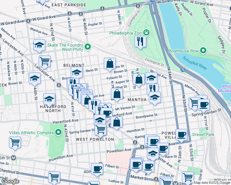 map of restaurants, bars, coffee shops, grocery stores, and more near 701 North 39th Street in Philadelphia