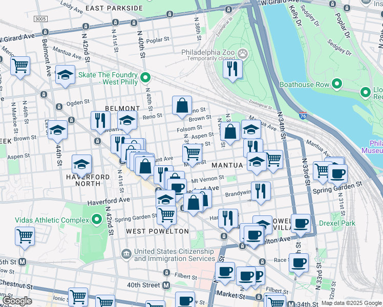 map of restaurants, bars, coffee shops, grocery stores, and more near 701 North 39th Street in Philadelphia