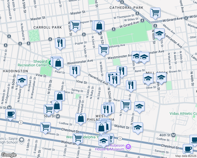 map of restaurants, bars, coffee shops, grocery stores, and more near Haverford Ave & N 53rd St in Philadelphia