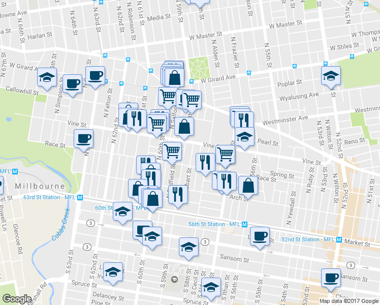 map of restaurants, bars, coffee shops, grocery stores, and more near 238 North Hobart Street in Philadelphia