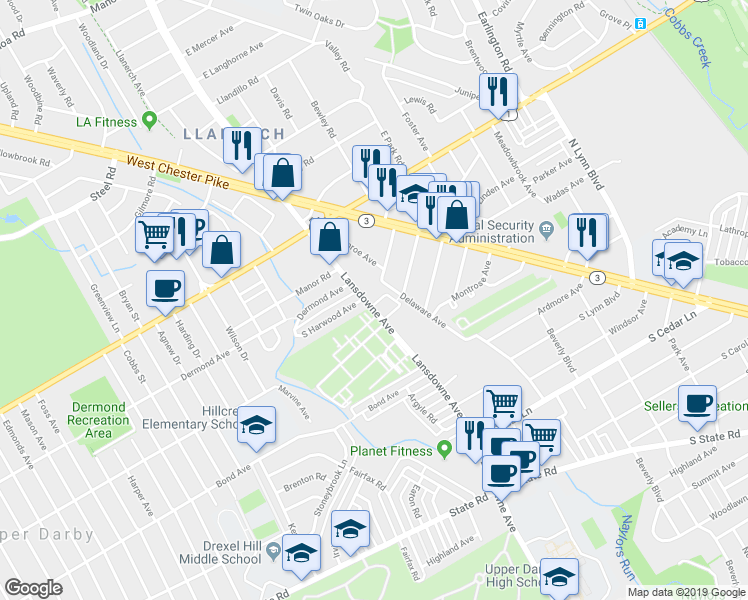 map of restaurants, bars, coffee shops, grocery stores, and more near 88 South Harwood Avenue in Upper Darby