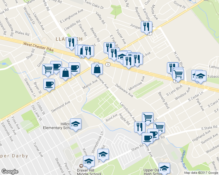 map of restaurants, bars, coffee shops, grocery stores, and more near 90 South Harwood Avenue in Upper Darby