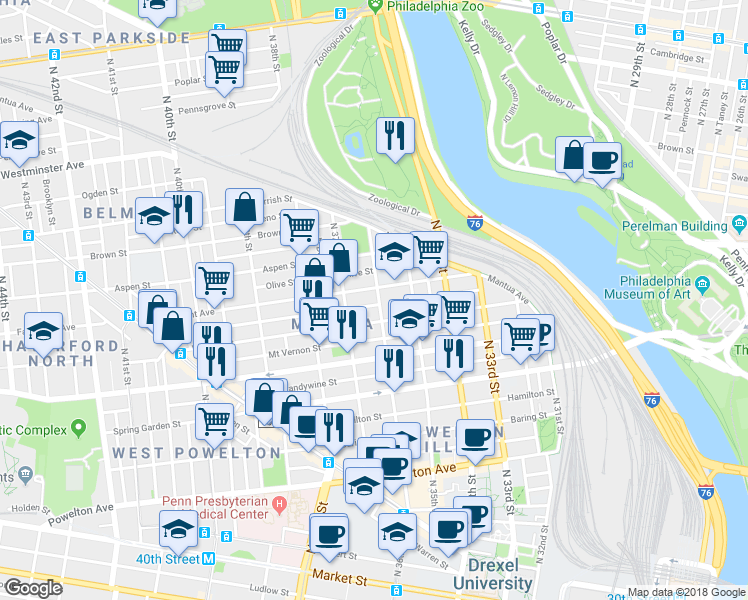 map of restaurants, bars, coffee shops, grocery stores, and more near 662 North 36th Street in Philadelphia