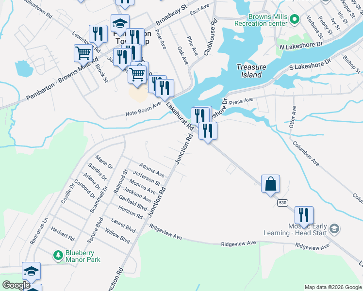 map of restaurants, bars, coffee shops, grocery stores, and more near 109 Junction Road in Browns Mills