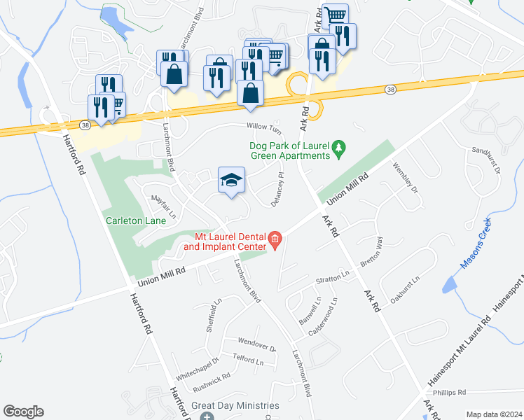 map of restaurants, bars, coffee shops, grocery stores, and more near 378A Delancey Place in Mount Laurel