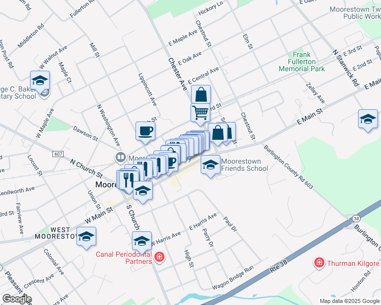 map of restaurants, bars, coffee shops, grocery stores, and more near 78 East 2nd Street in Moorestown