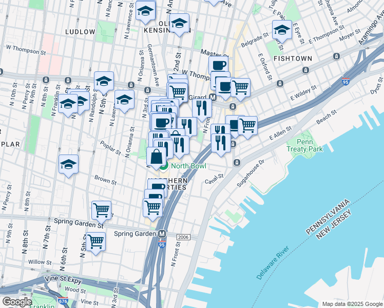 map of restaurants, bars, coffee shops, grocery stores, and more near 1019 Germantown Avenue in Philadelphia