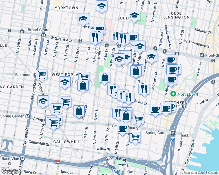 map of restaurants, bars, coffee shops, grocery stores, and more near 817 North Franklin Street in Philadelphia