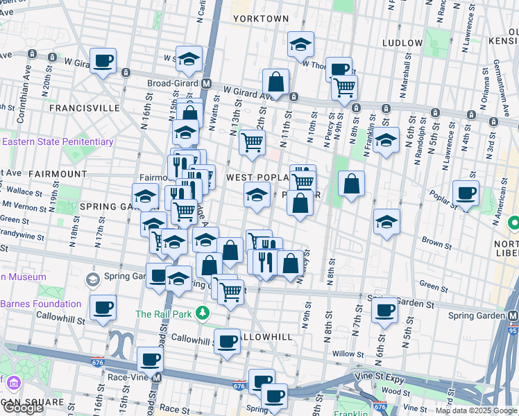map of restaurants, bars, coffee shops, grocery stores, and more near 701 North Marvine Street in Philadelphia