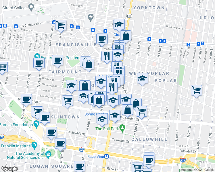 map of restaurants, bars, coffee shops, grocery stores, and more near 653 North 15th Street in Philadelphia