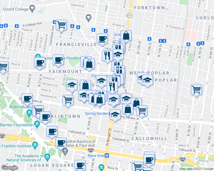 map of restaurants, bars, coffee shops, grocery stores, and more near 653 North 15th Street in Philadelphia