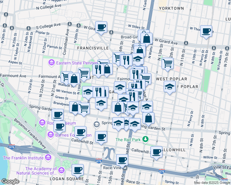 map of restaurants, bars, coffee shops, grocery stores, and more near 1530 North Street in Philadelphia