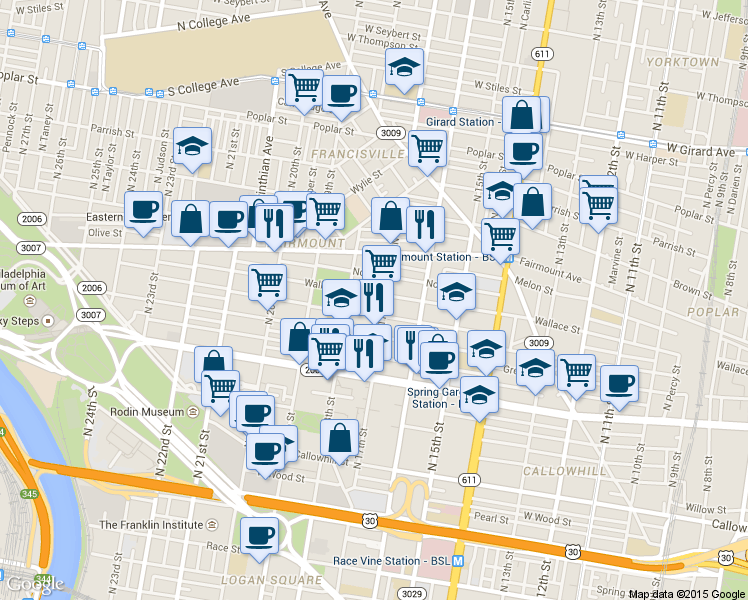 map of restaurants, bars, coffee shops, grocery stores, and more near 1723 Wallace Street in Philadelphia