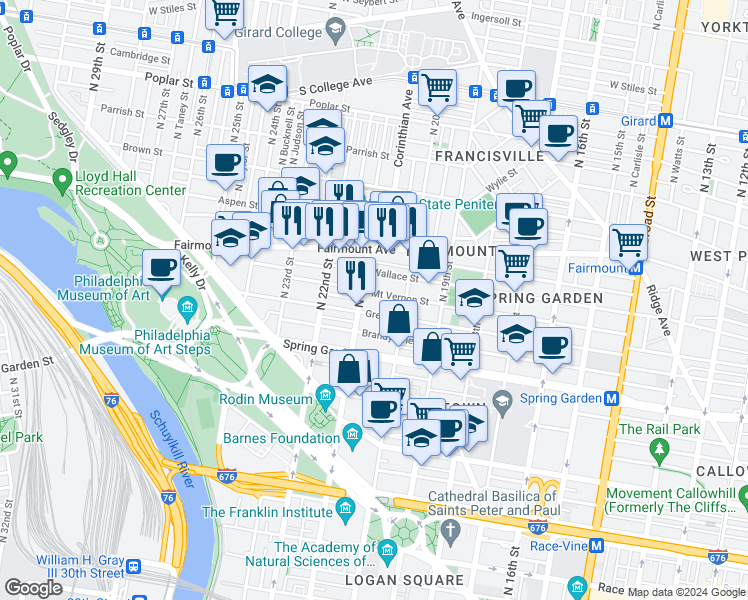 map of restaurants, bars, coffee shops, grocery stores, and more near in Philadelphia