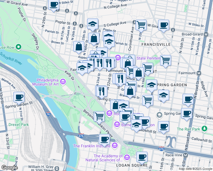 map of restaurants, bars, coffee shops, grocery stores, and more near in Philadelphia