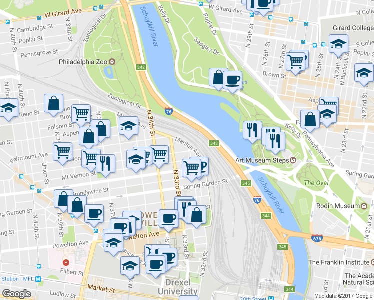 map of restaurants, bars, coffee shops, grocery stores, and more near 644 North 32nd Street in Philadelphia
