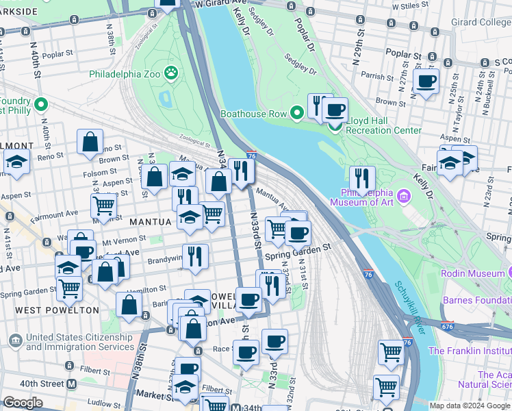 map of restaurants, bars, coffee shops, grocery stores, and more near in Philadelphia