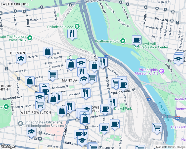 map of restaurants, bars, coffee shops, grocery stores, and more near 3500 Fairmount Avenue in Philadelphia