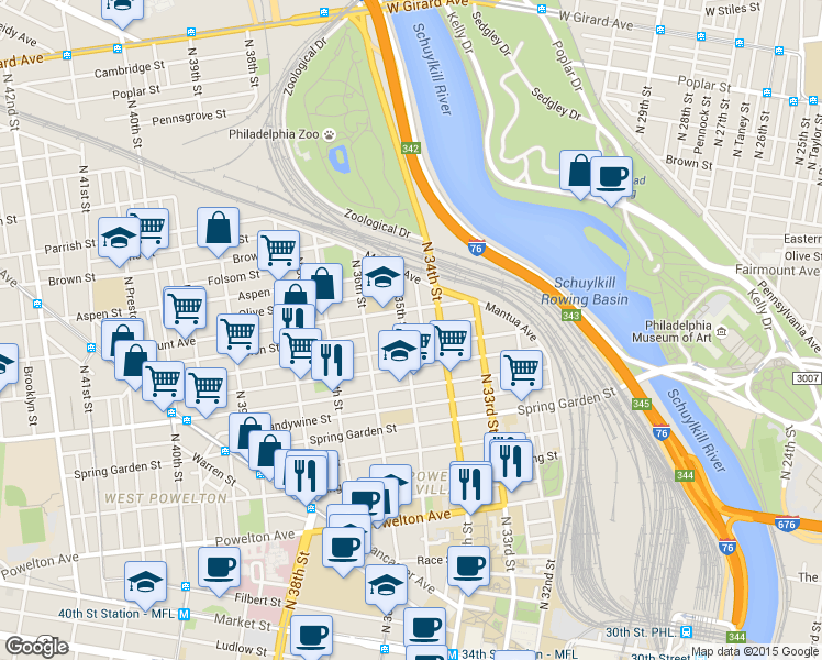 map of restaurants, bars, coffee shops, grocery stores, and more near 3500 Fairmount Avenue in Philadelphia