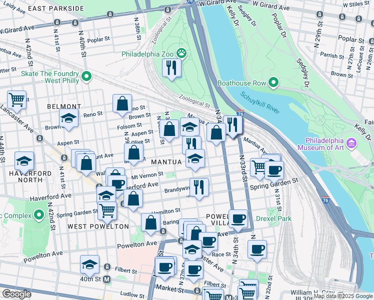 map of restaurants, bars, coffee shops, grocery stores, and more near 662 North 36th Street in Philadelphia
