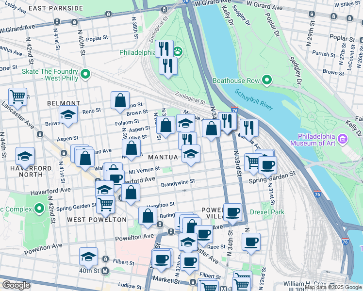 map of restaurants, bars, coffee shops, grocery stores, and more near 676 North 36th Street in Philadelphia