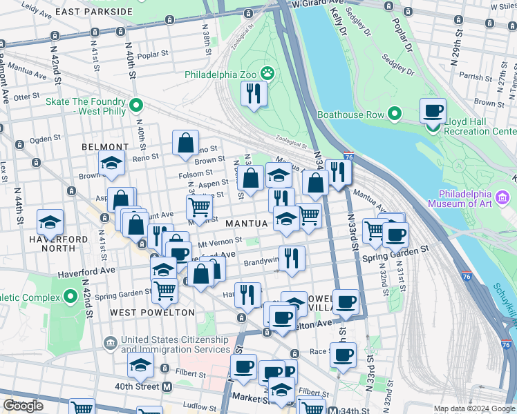 map of restaurants, bars, coffee shops, grocery stores, and more near in Philadelphia