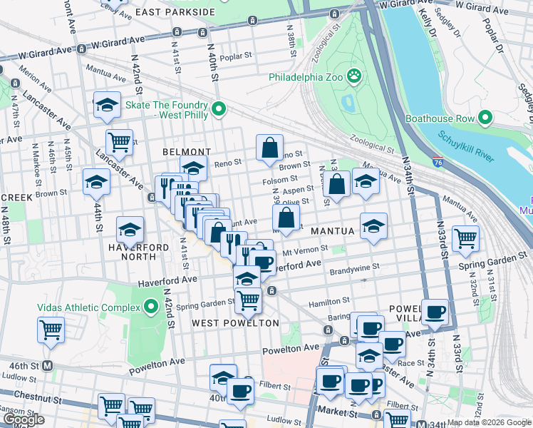 map of restaurants, bars, coffee shops, grocery stores, and more near 700 North 39th Street in Philadelphia
