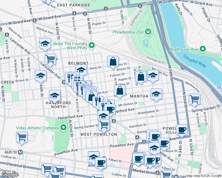 map of restaurants, bars, coffee shops, grocery stores, and more near 700 North 39th Street in Philadelphia
