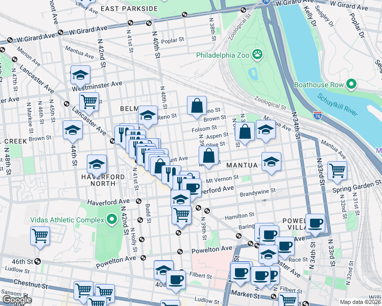 map of restaurants, bars, coffee shops, grocery stores, and more near 700-14 North 39th Street in Philadelphia