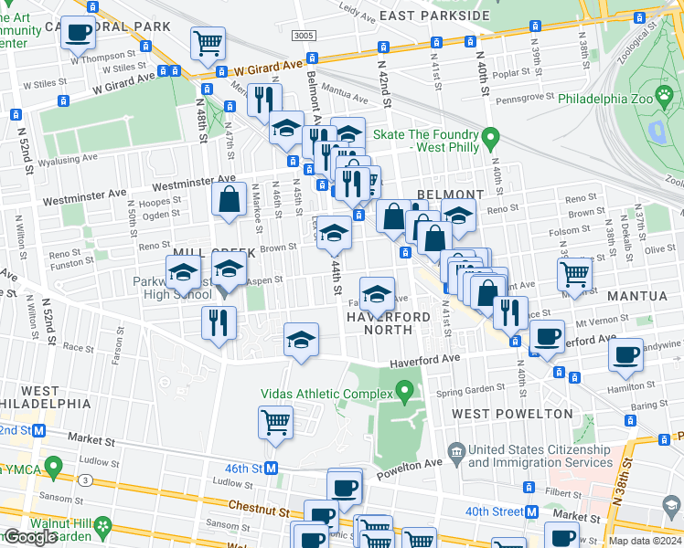 map of restaurants, bars, coffee shops, grocery stores, and more near 4317 Aspen Street in Philadelphia